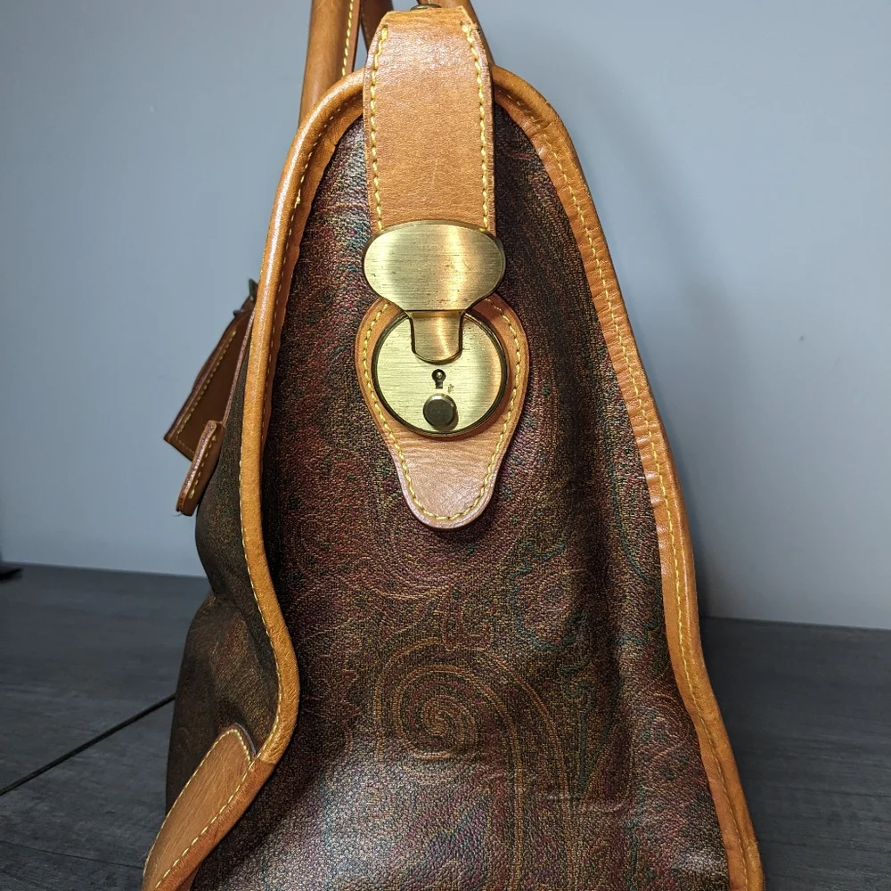 Etro | Vintage Milano Burgundy Paisley Tan Trim Leather Tote Bag - Picture 6 of 8